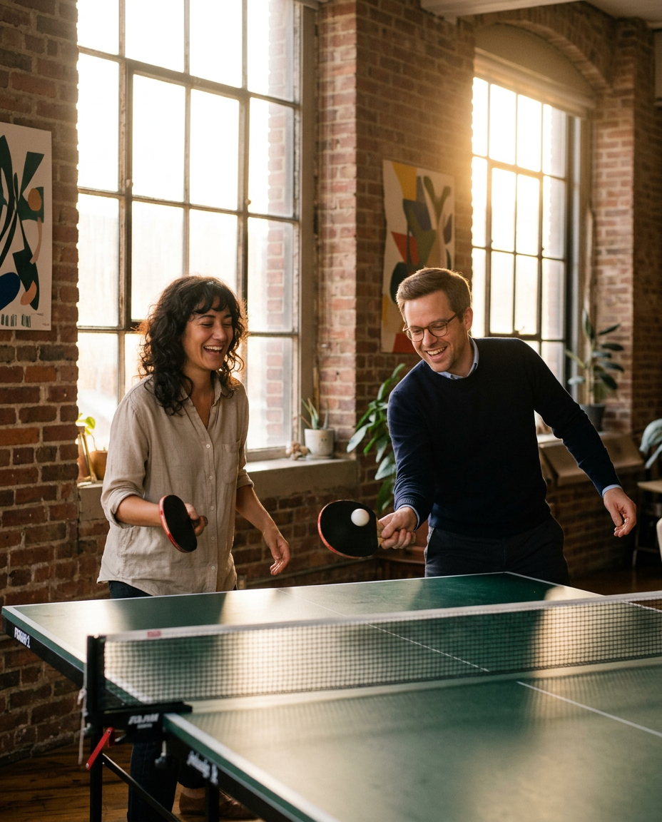Twee teamleden spelen ping-pong in het atelier